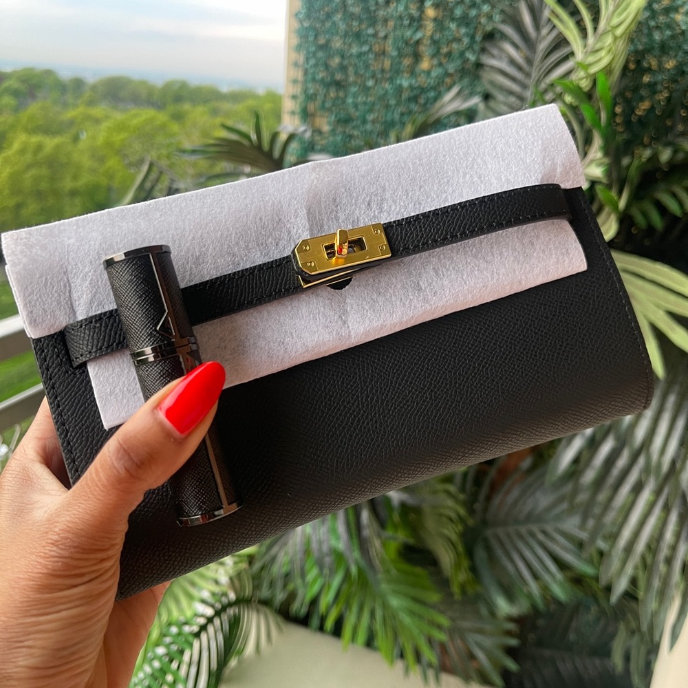 Leather Wallet Clutch & Refillable Perfume Bottle - Black